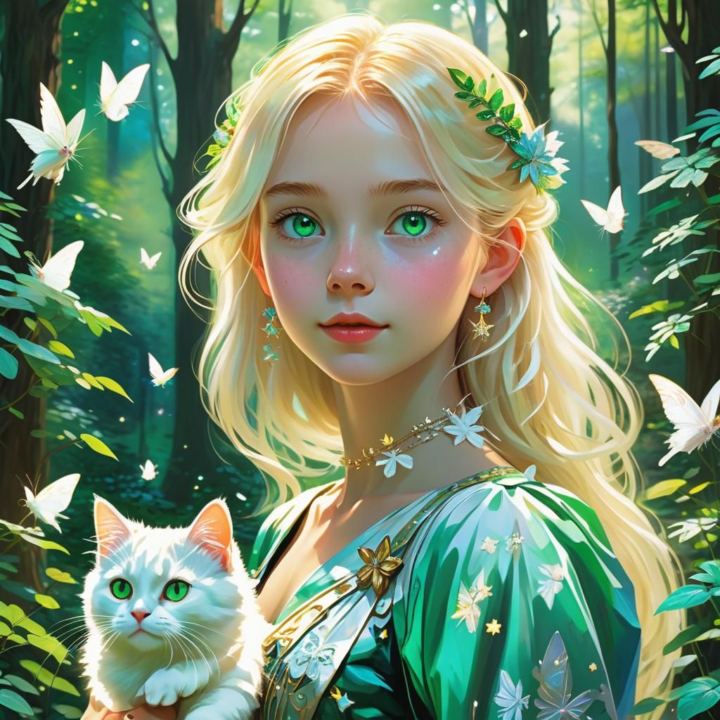 Blonde Woman and Cat in Enchanted Forest