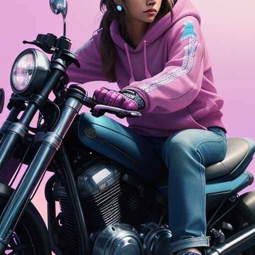 Adorable Girl on Motorcycle with Pink iPhone, Digital Painti...