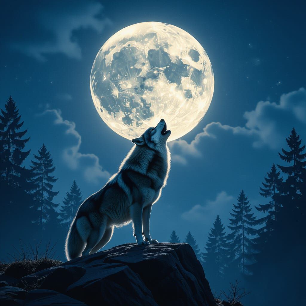 Dire Wolf Howling at Full Moon in Ancient Forest