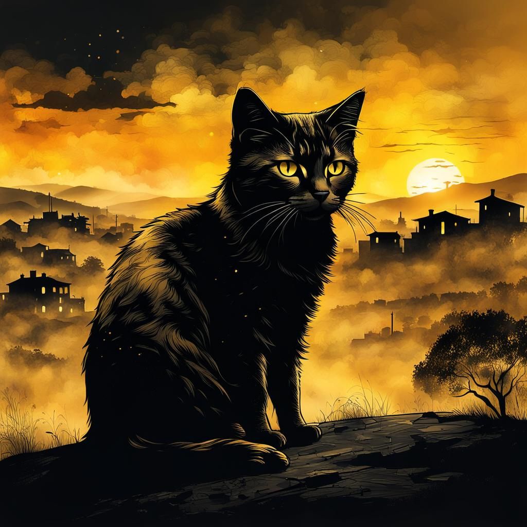 Cat Silhouette at Sunset: Digital Art in Golden Ink