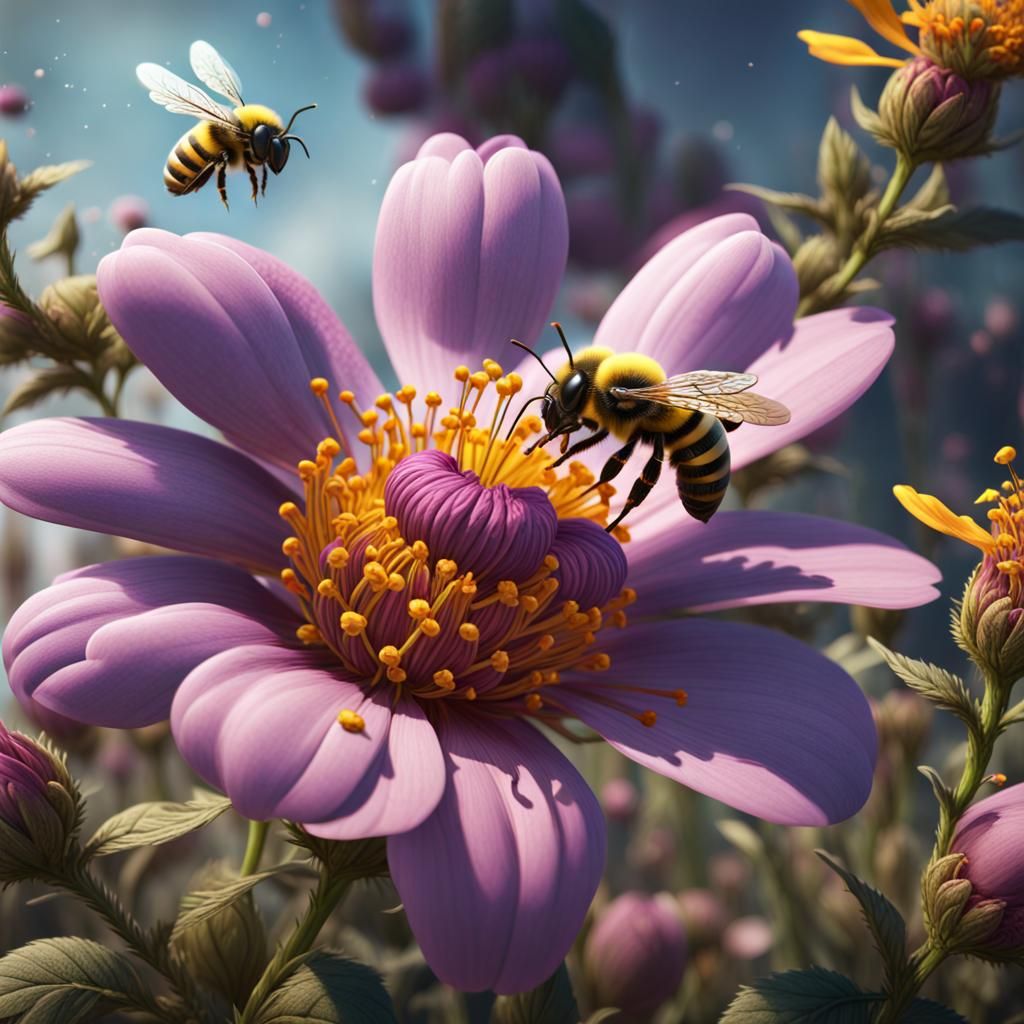 Bee Pollinating Flower: Fantasy Concept Art