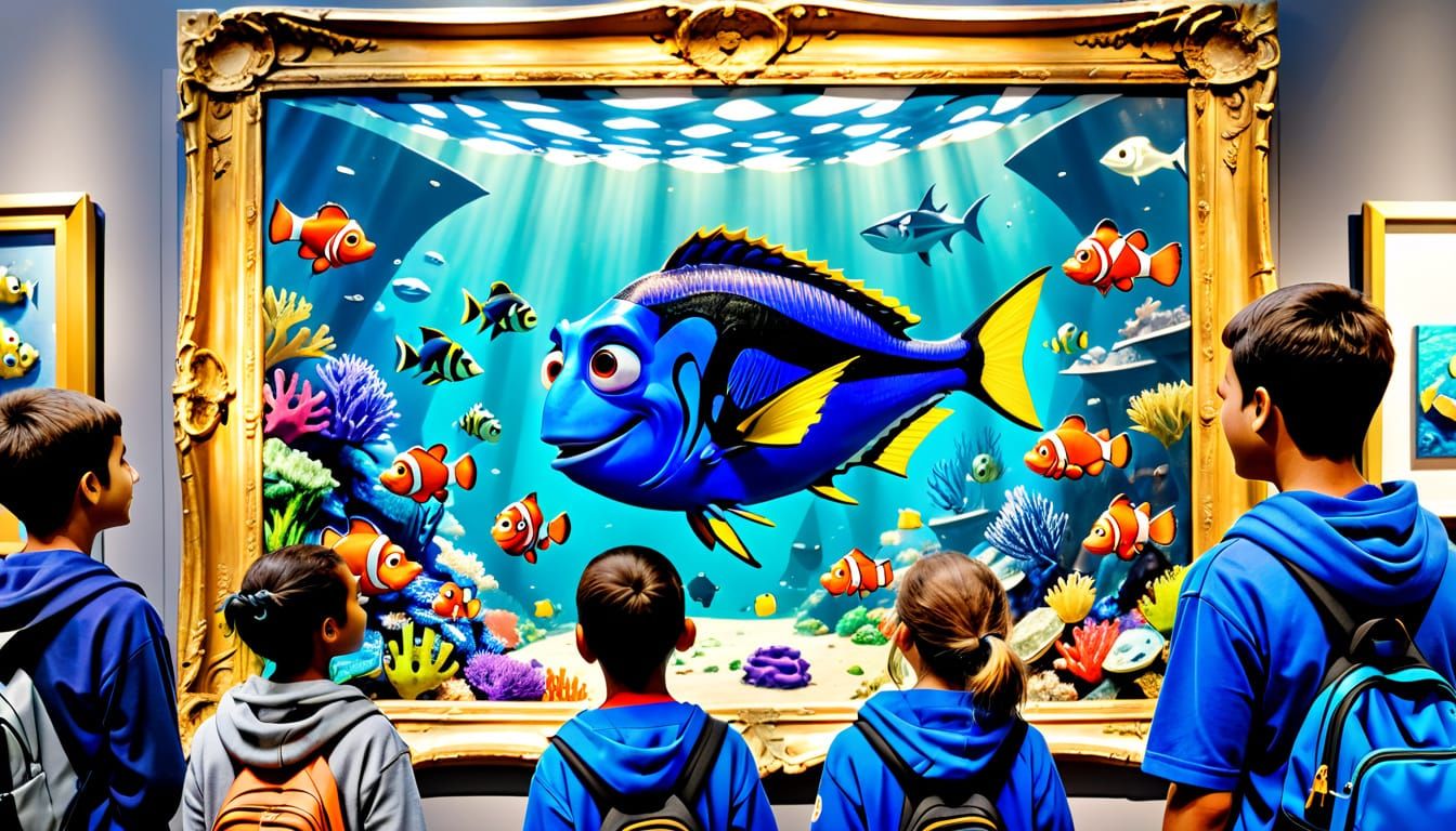 Dory and Nemo Art Made from Recycled Trash in Museum Setting