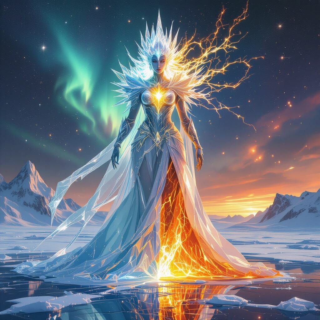 Cosmic Deity: Diamond Ice and Molten Lava in Art Nouveau Sty...