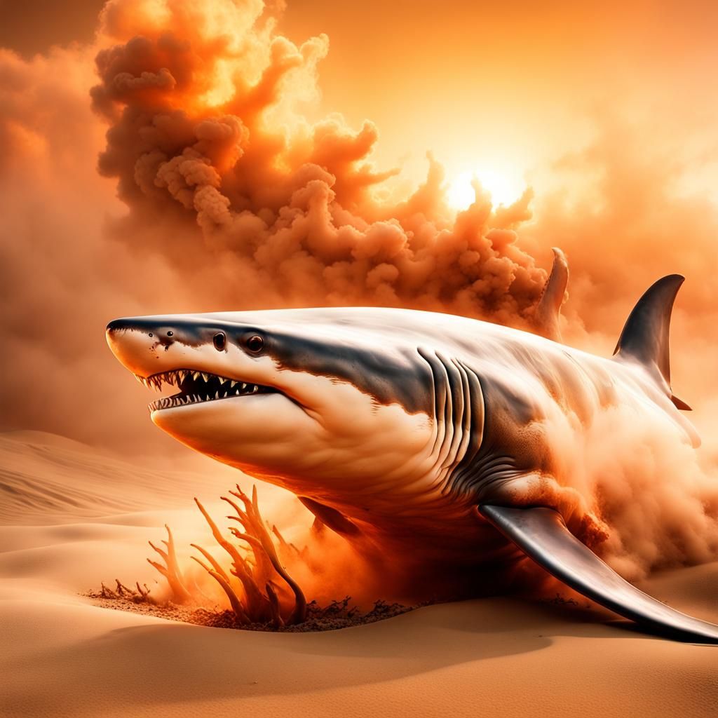 giant golden great+white+shark made of lava leaping out of d...