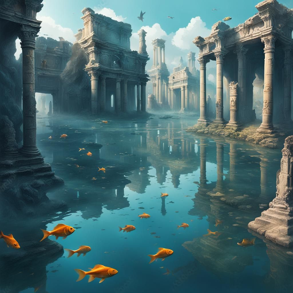 Flooded Ancient City with Fish and Ruins