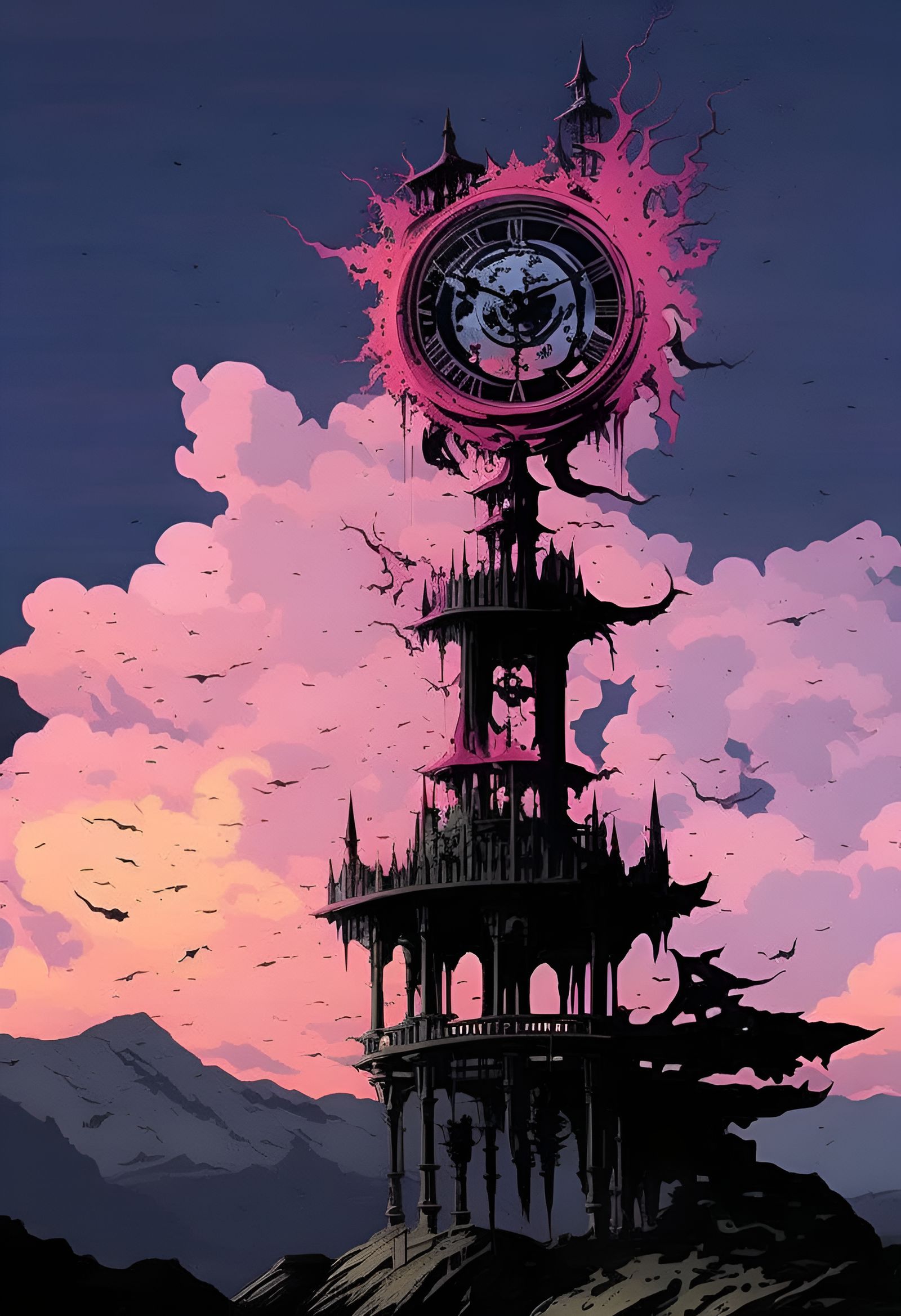 Clocktower Exploding into Paint Burst in Anime Style