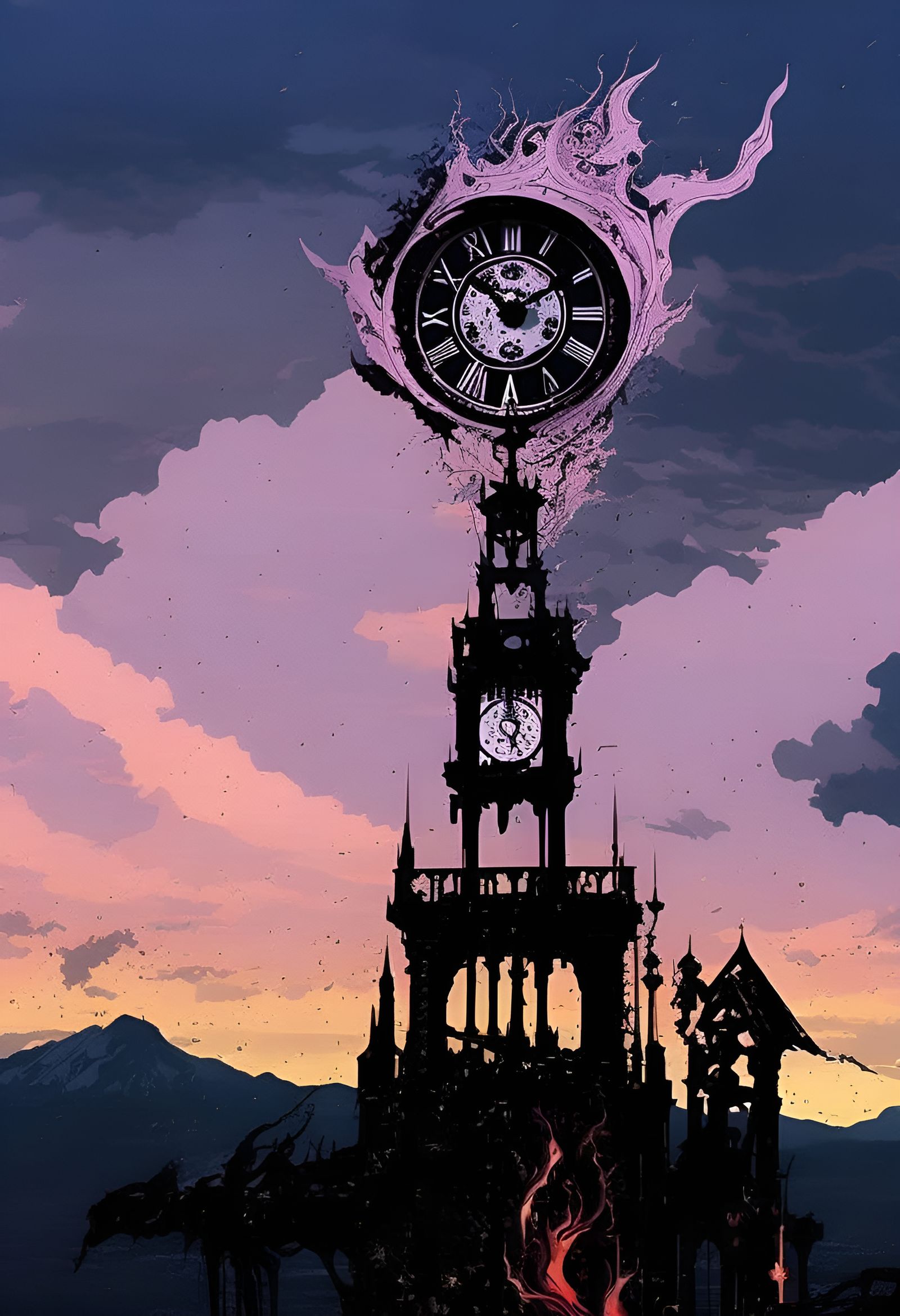 Clocktower Exploding into Paint, Anime Style