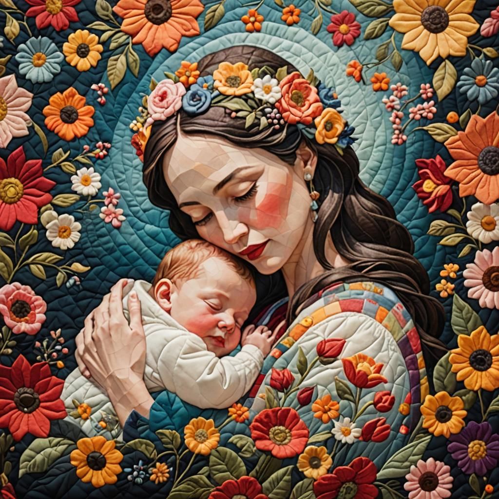 Quilt Tapestry of Mother and Child Embrace