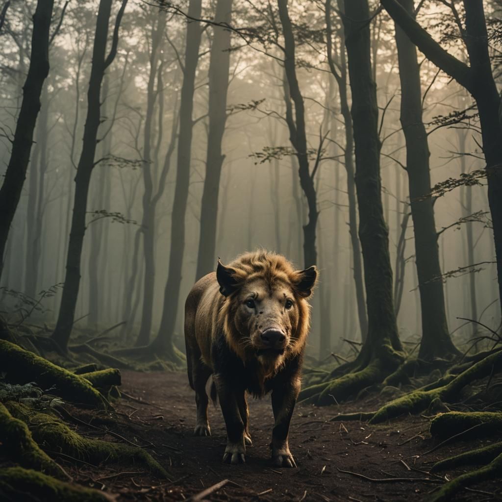 Pig-Lion Creature in Misty Forest: Cinematic Film Still