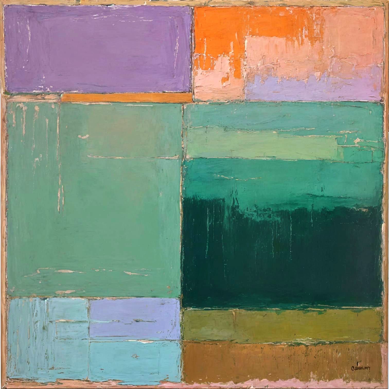 Abstract Impasto Oil Painting with Green and Pink