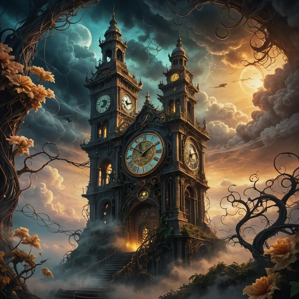 Surreal Clock Tower in Fantasy Landscape