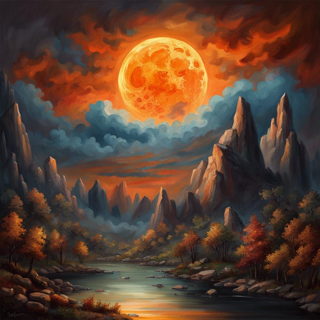 Utopian Mountains Under a Massive Moon, Digital Painting