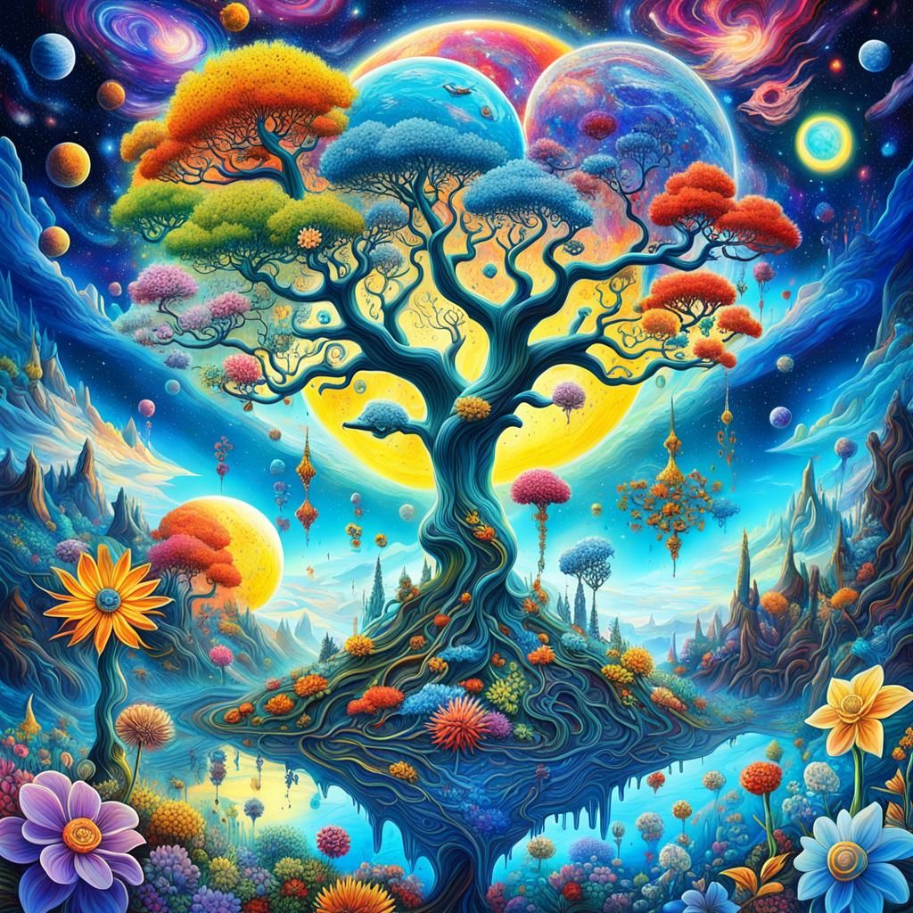 Surreal Cosmic Tree Blooms in a Melting Oil Canvas Dreamscap...