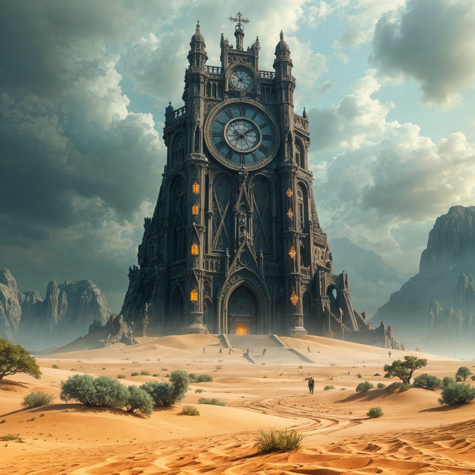 Gothic Clock Tower Oasis in Detailed Matte Painting