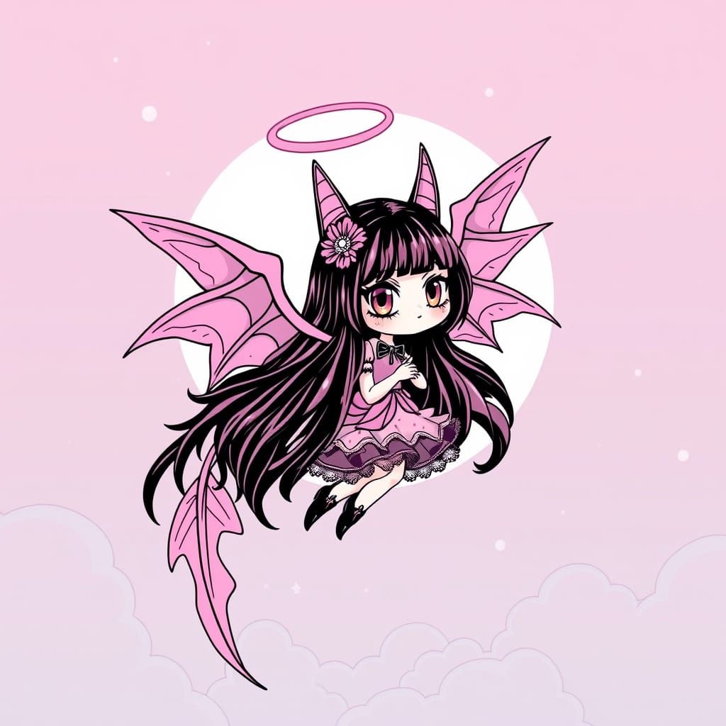 Ethereal Goth Chibi Maiden in Delicate Line Art