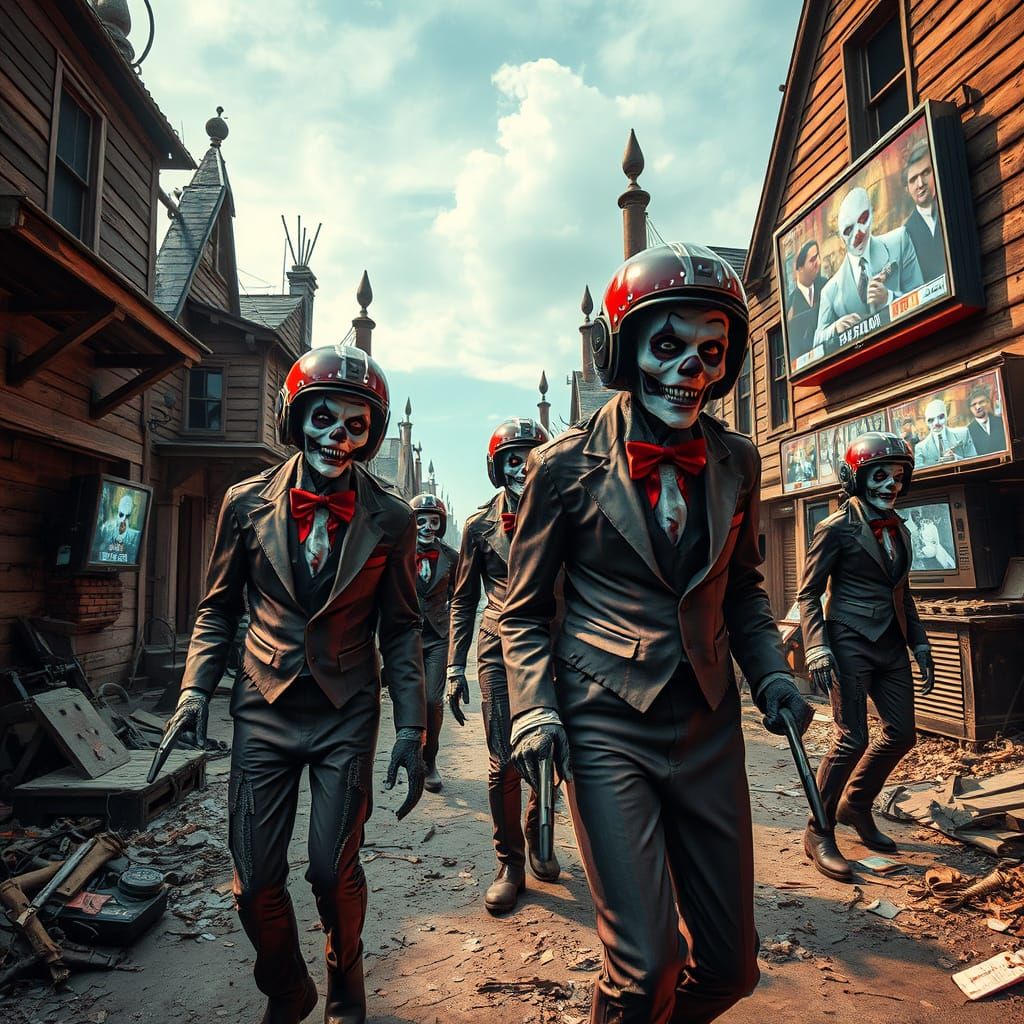 Alien Zombie Clowns Roam Ghost Town in Surreal Scene