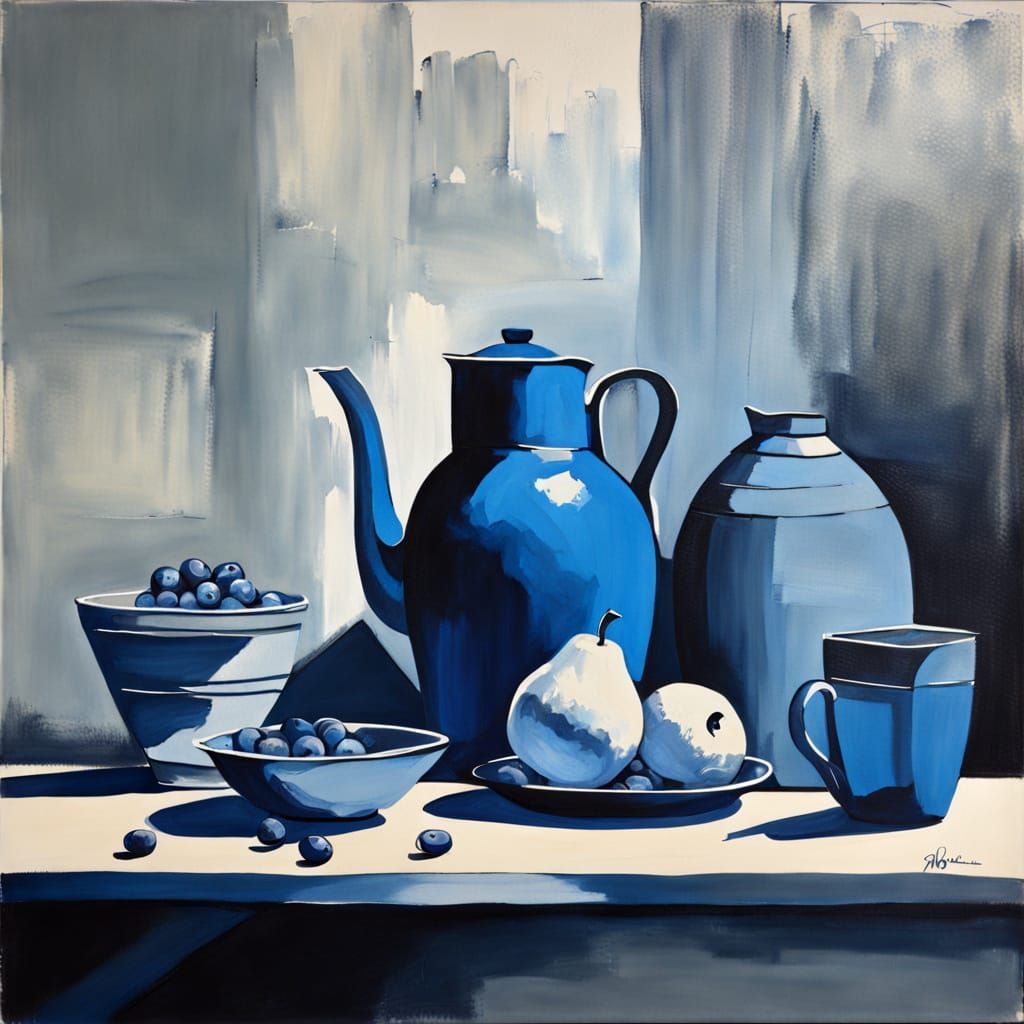Monochromatic Blue Still Life in Acrylic Style