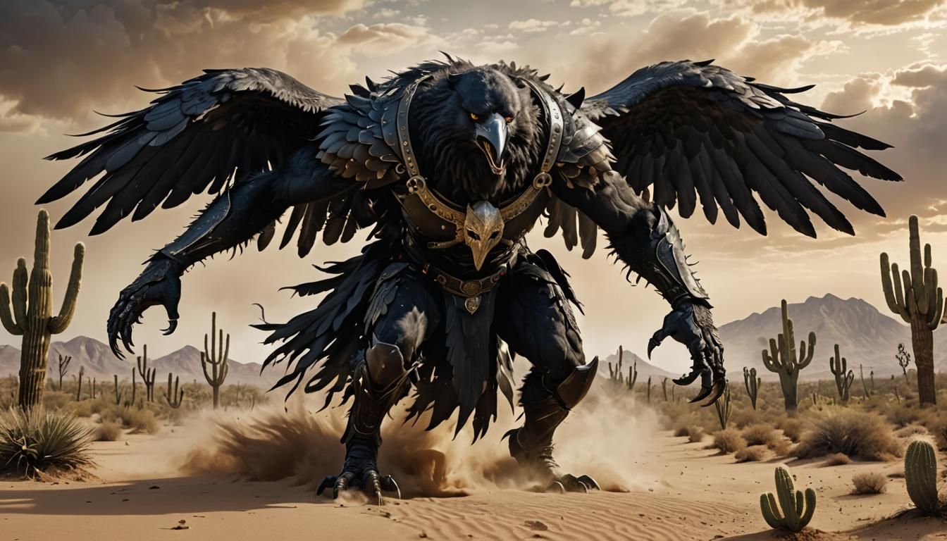 Intimidating Crow-Wolf Warrior Emerges from Desert Storm