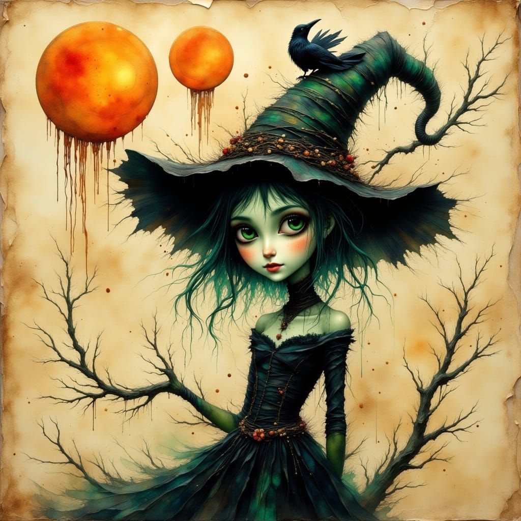 Whimsical Gothic Witch Oil Painting with Emerald Eyes