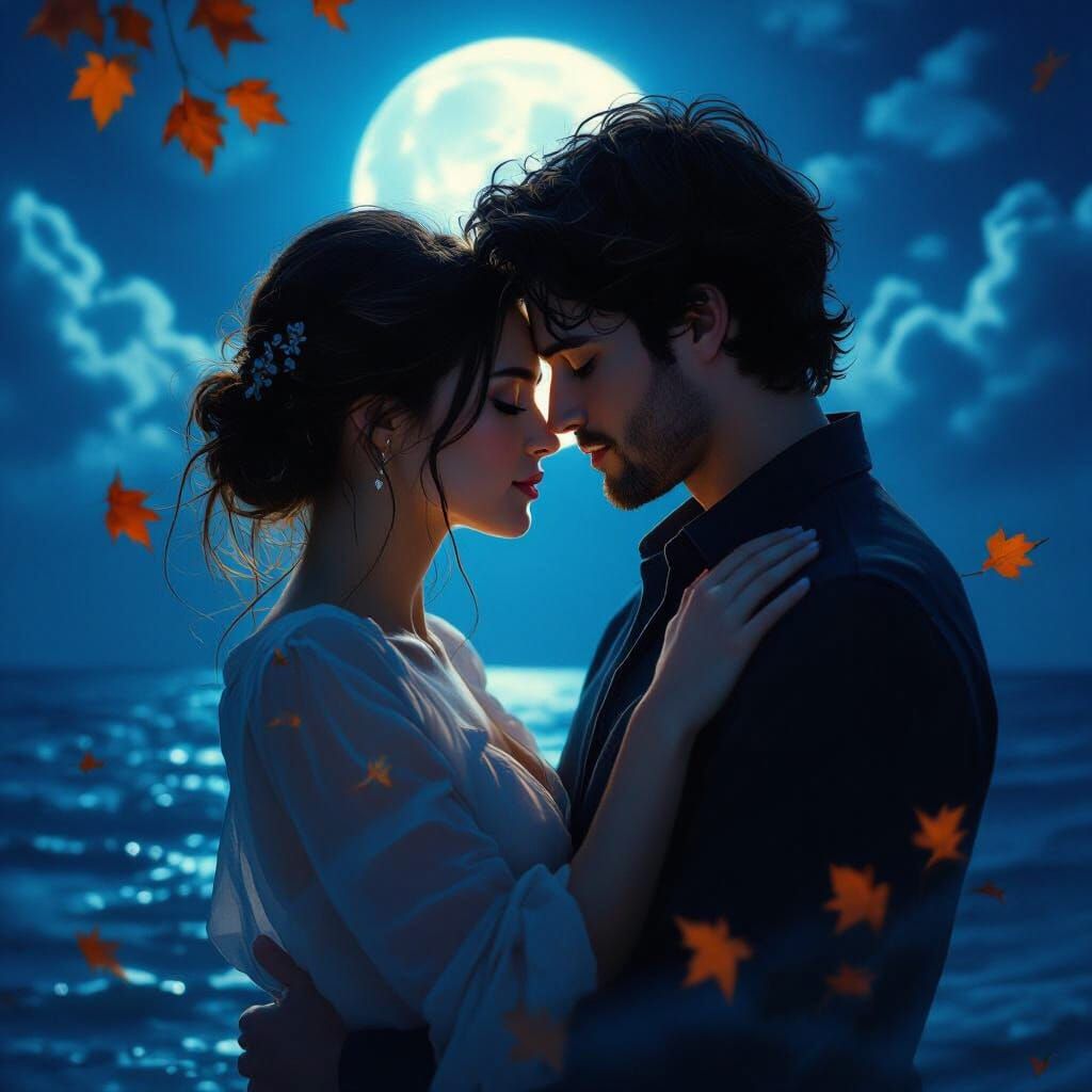 Couple's Tender Embrace in Mystical Moonlight
