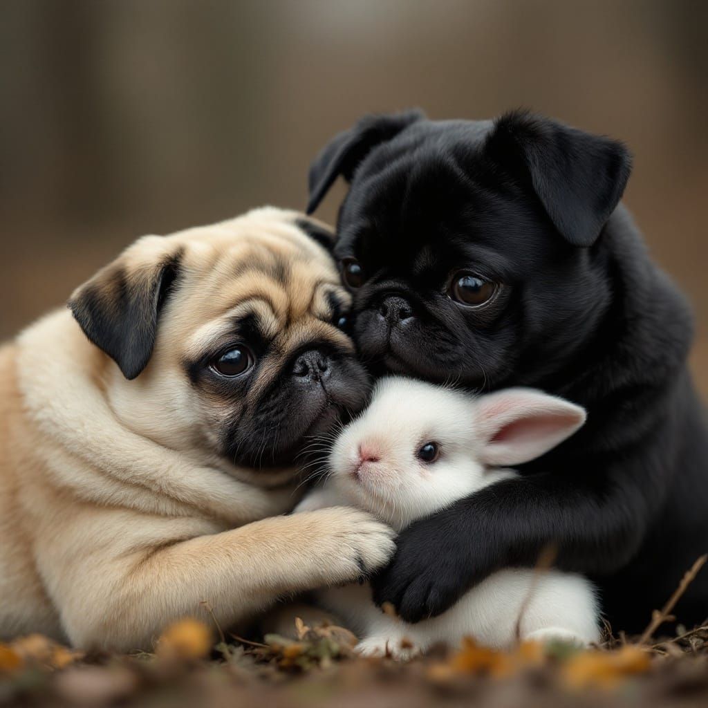 Pugs Hugging Rabbit in Cinematic Film Still