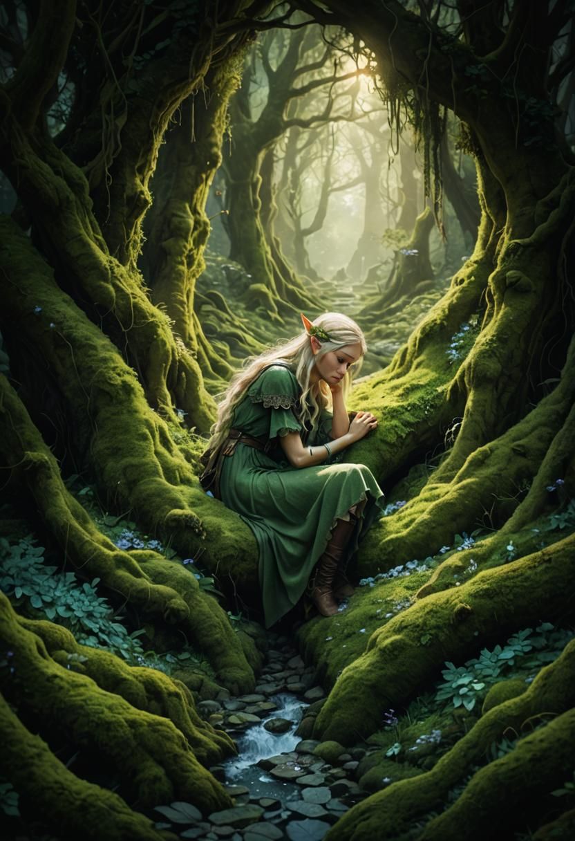 Sleeping Elf Maiden in Mossy High-Fantasy Grove