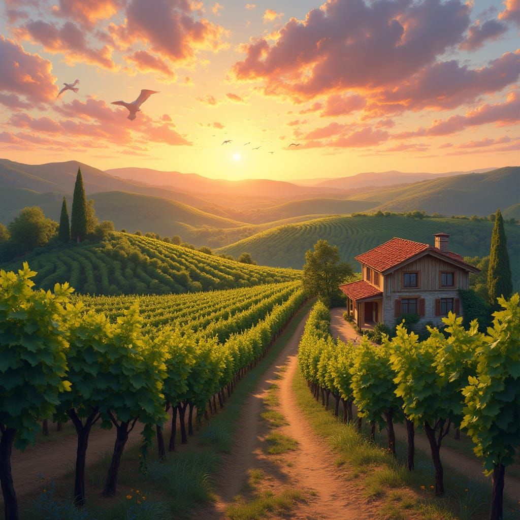 Golden Vineyard Landscape at Sunset