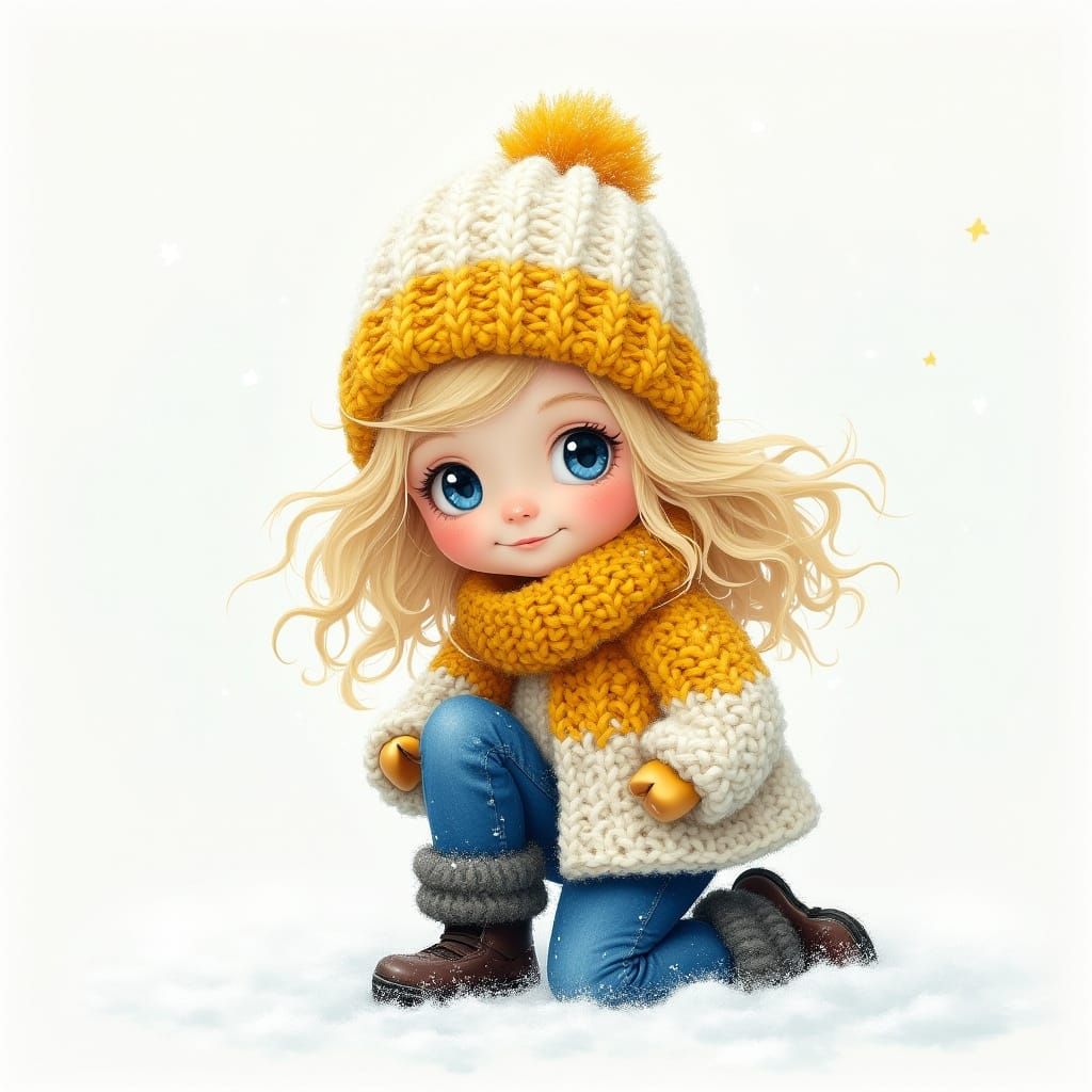 Young Girl in Snowy Landscape with Knitted Scarf