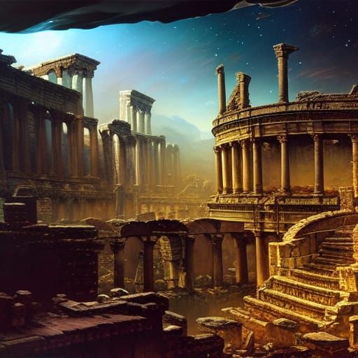 Colosseum Ruins Floating in Space: Fantasy Illustration