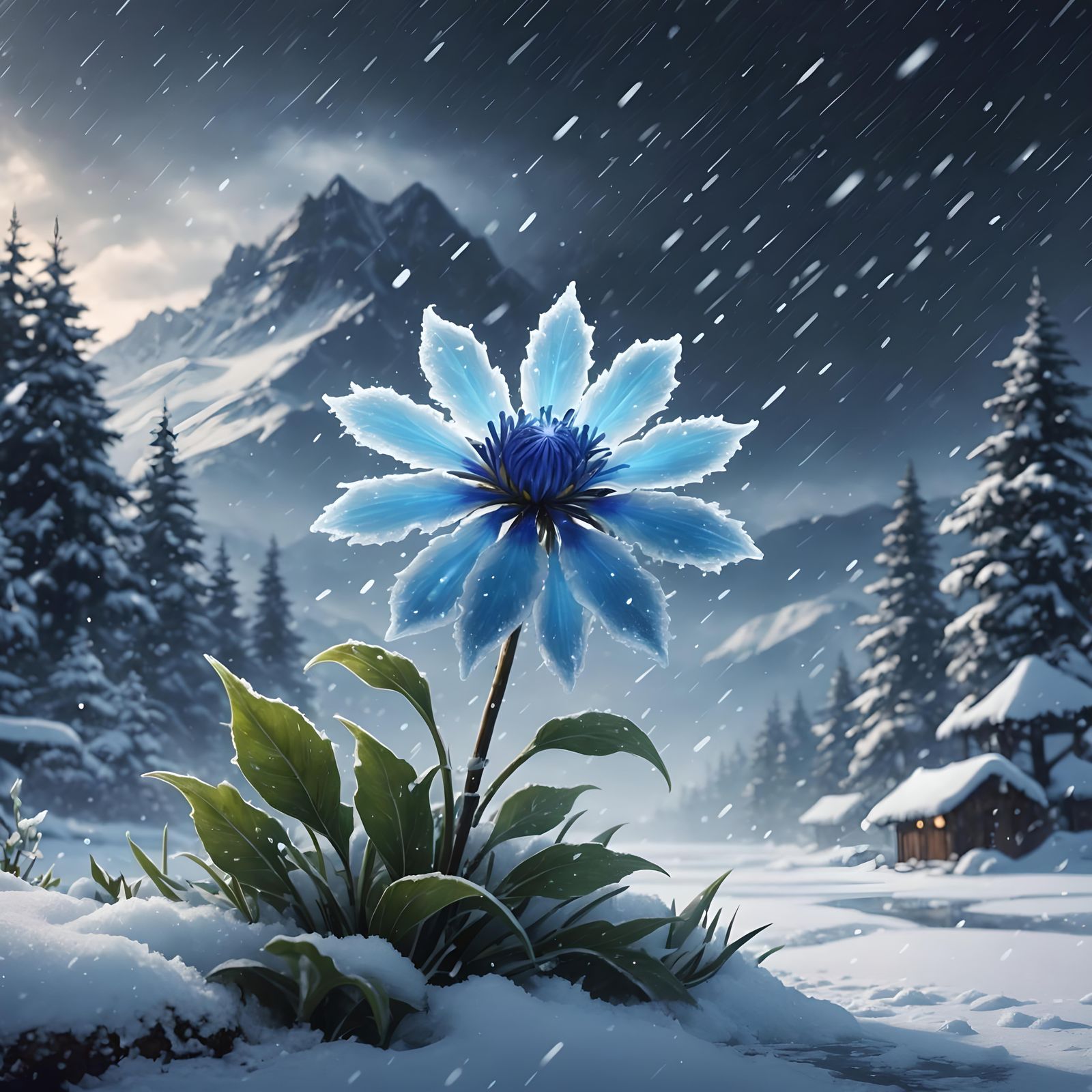 Bioluminescent Magical Flower in Snowy Anime Art