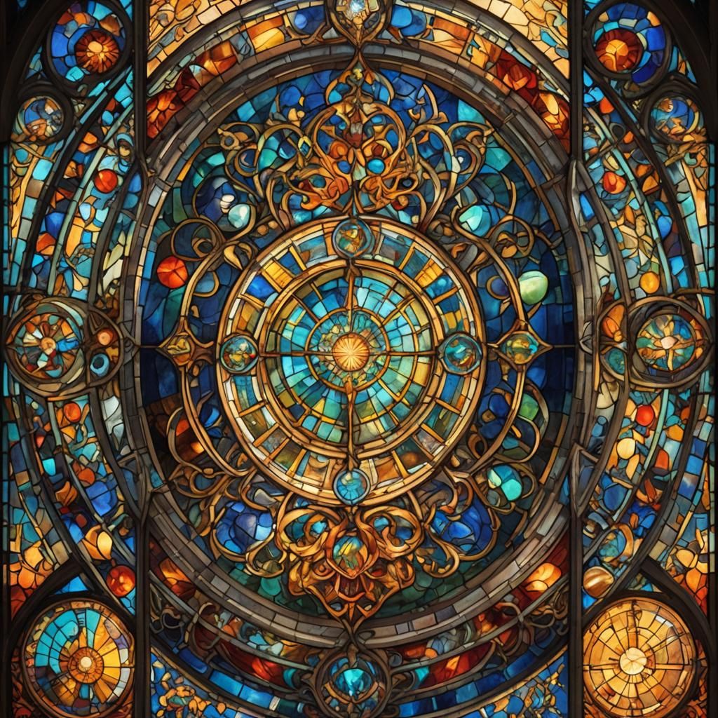 Vibrant Stained Glass Window Depicting Alchemical Transforma...