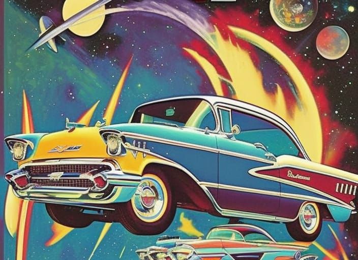 1957 Chevy Flies Through Space: Retro Comic Art