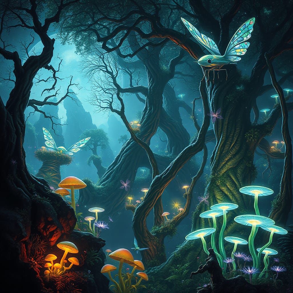 Luminescent Alien Forest with Bioluminescent Fireflies