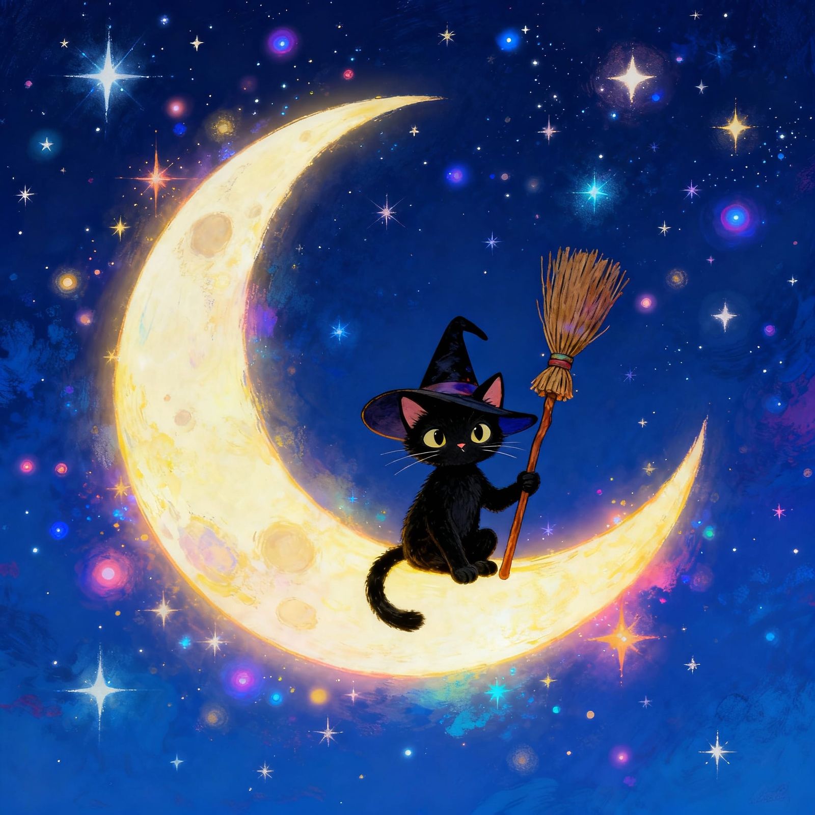 Whimsical Witch Cat Sits on Glowing Moon
