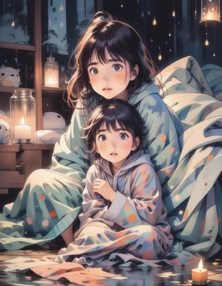 Children Shelter From Storm: Watercolour Ghibli-Style