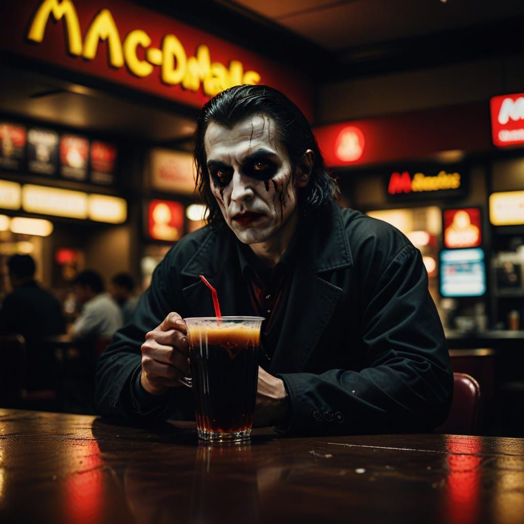 Gothic Vampire in a Dark McDonald's Scene