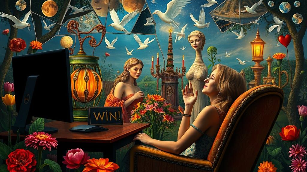 Surreal Garden Party at Computer in Dreamlike Style