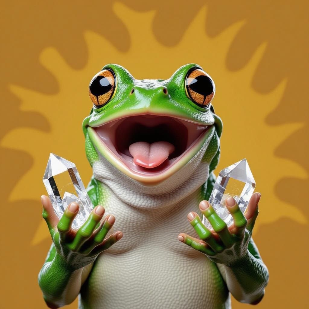 Surprised Frog with Crystals: Hyperrealistic 3D Portrait