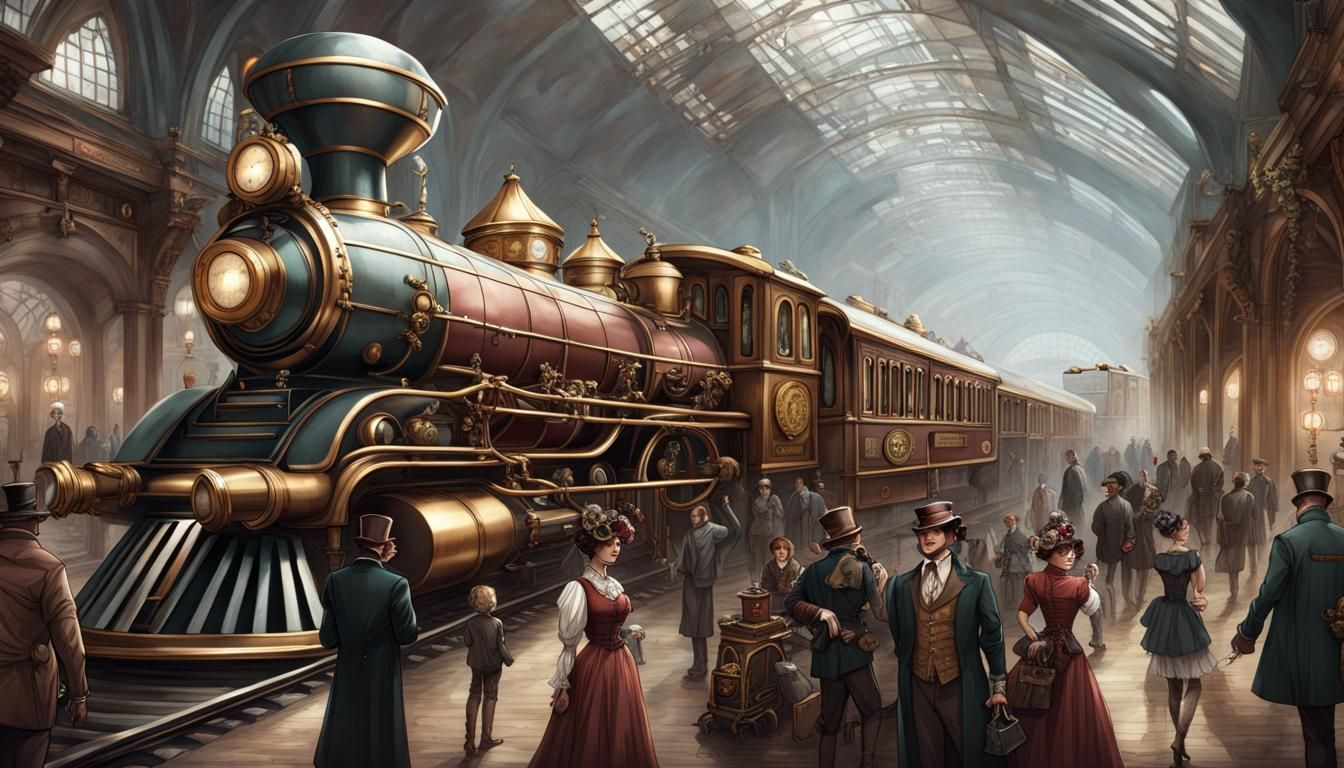Steampunk Train Station with Victorian Era Travellers