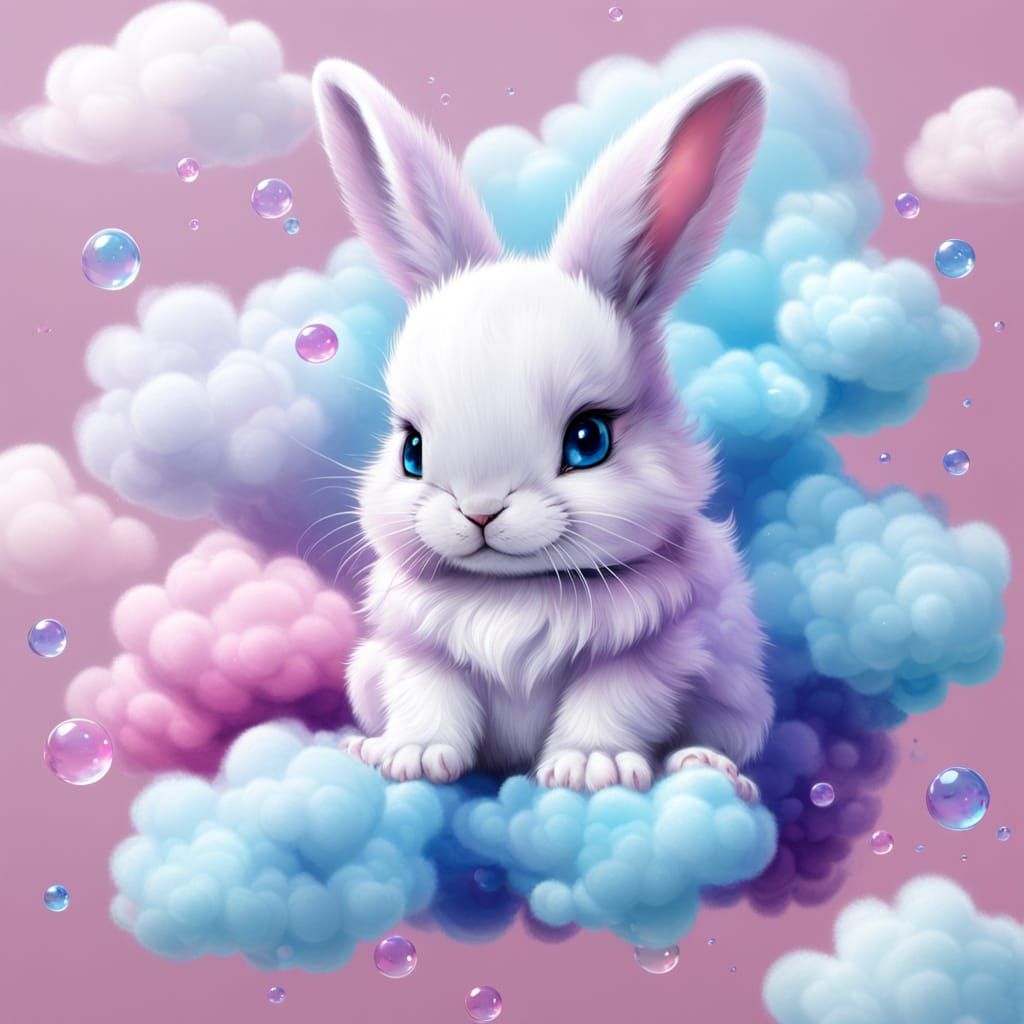 Adorable Baby Bunny Sits on Pastel Clouds in Kawaii Anime St...