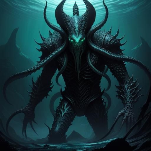 Leathery Squid Man Emerges from Dark Aquatic Realm