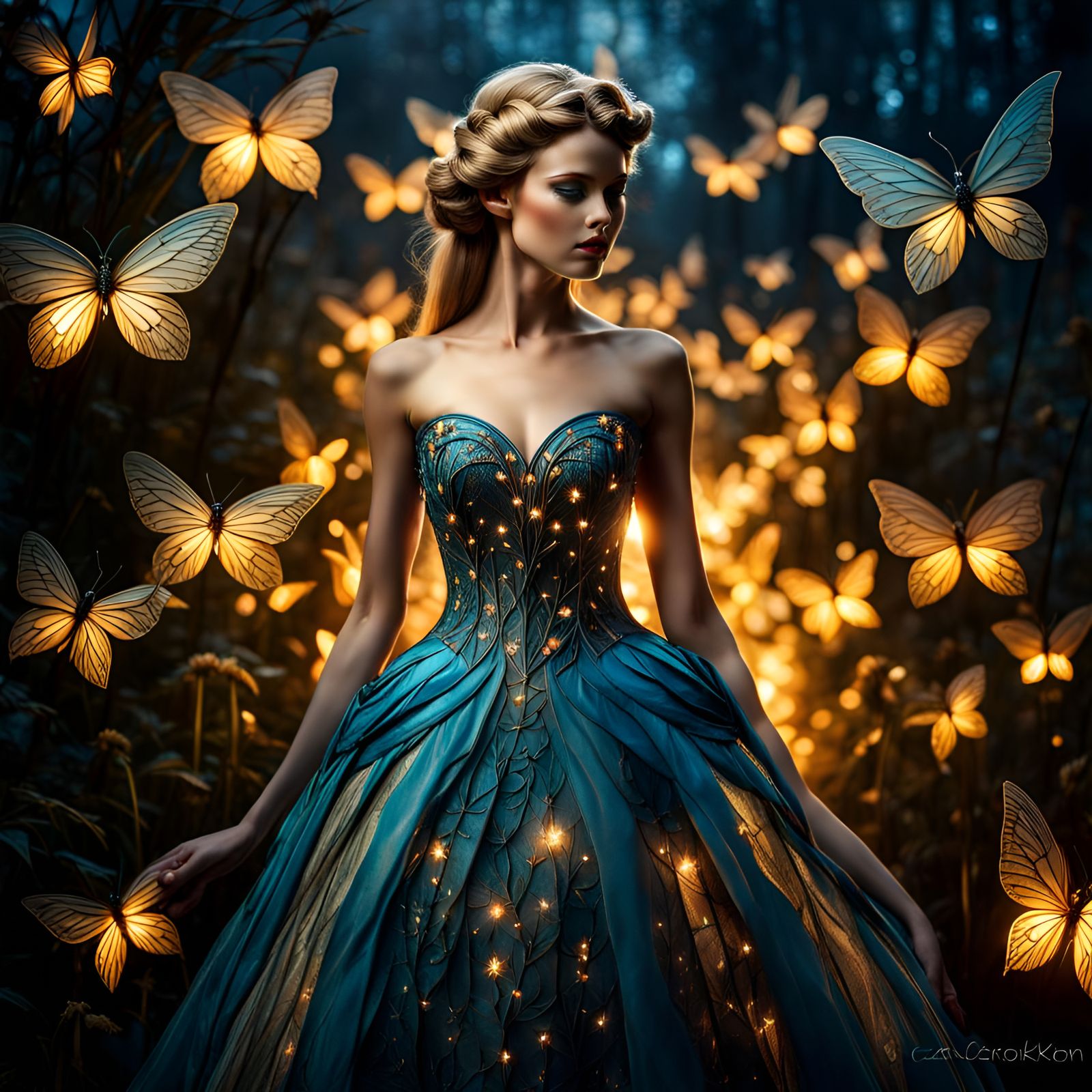 Sculptural Fairy Tale Dress with Glowing Fireflies