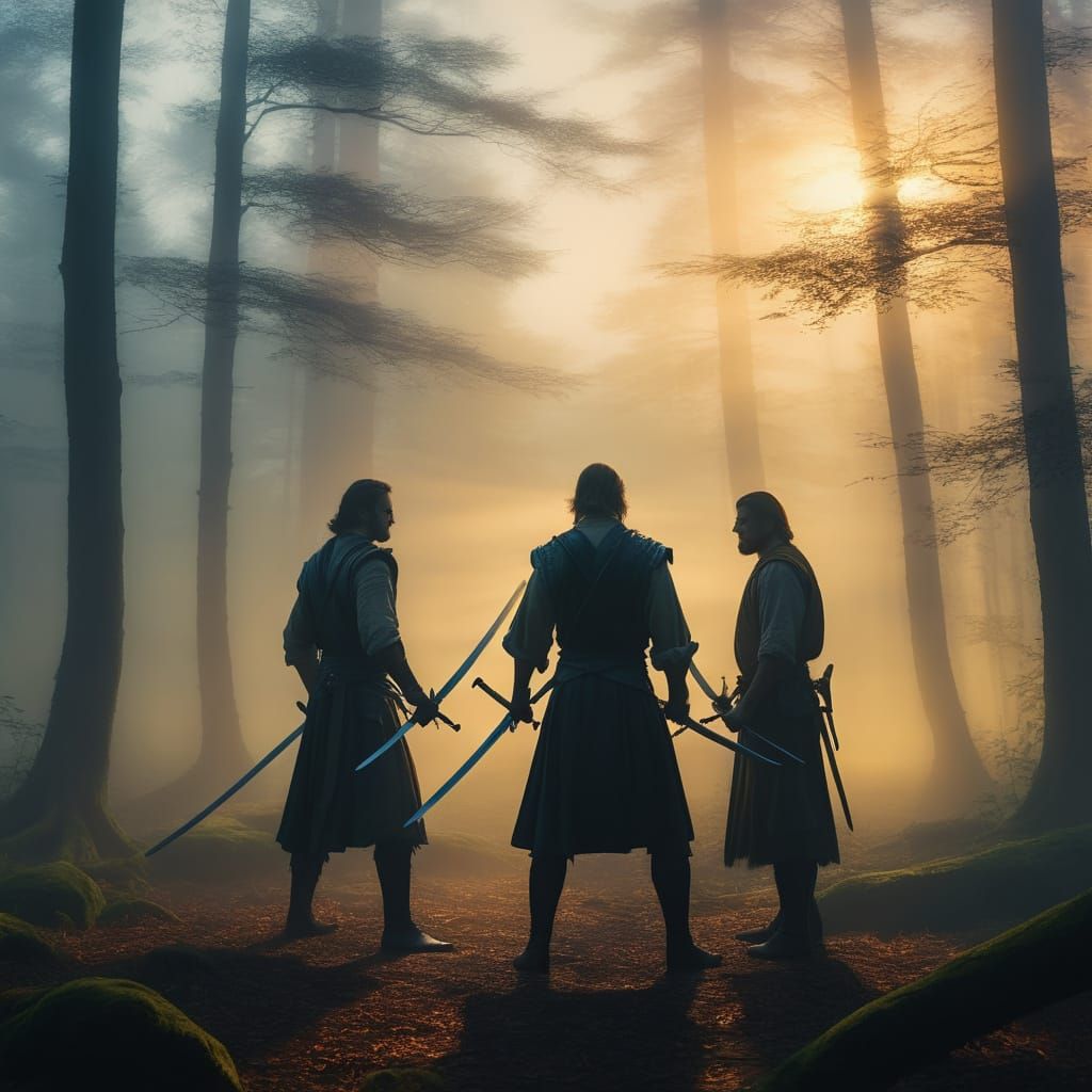 Epic Oil Painting of Swordsmen in Misty Forest Dawn