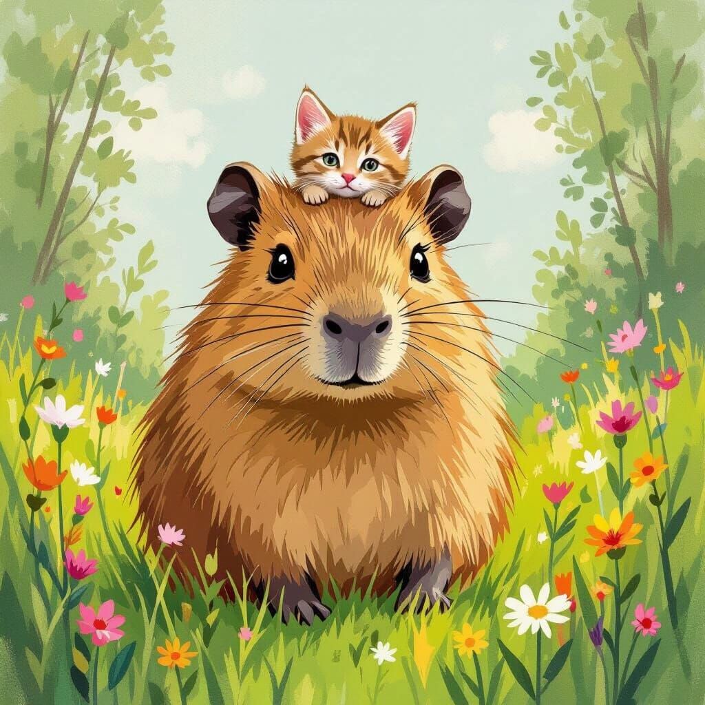 Capybara with Kitten Head in Lush Meadow