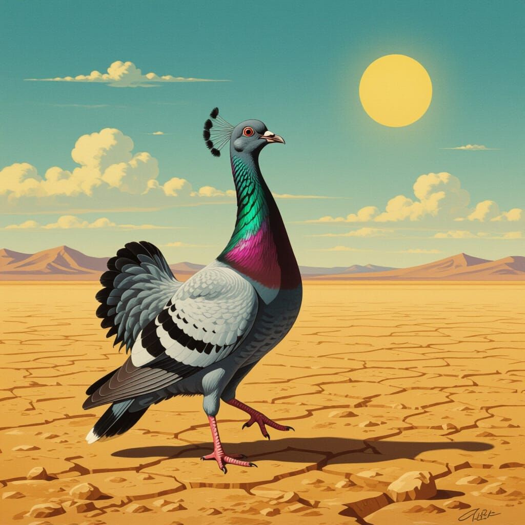 Absurdist Pigeon Mimics Ostrich on Dusty Plain