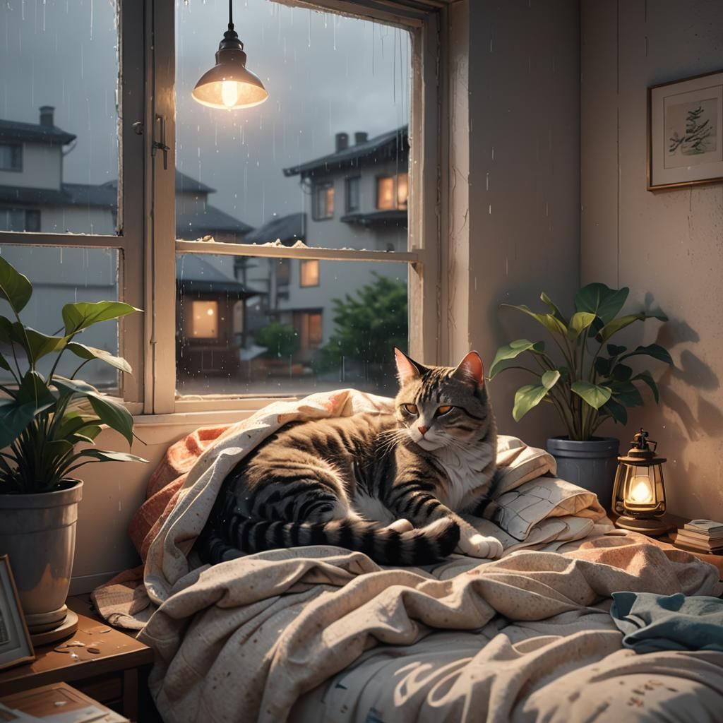Cozy Anime Room with Cat Sleeping in Rain