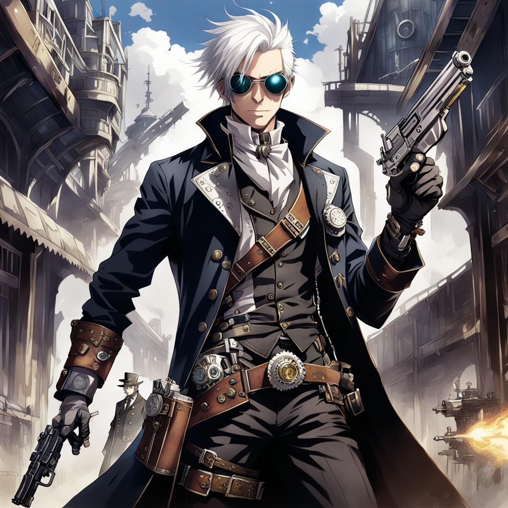 Steampunk Gunslinger with White Hair in Anime Style