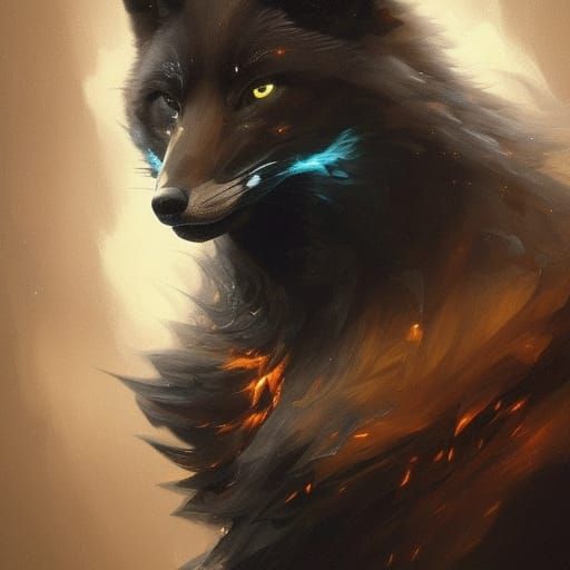 Burning Black Fox with Glowing Eyes Portrait