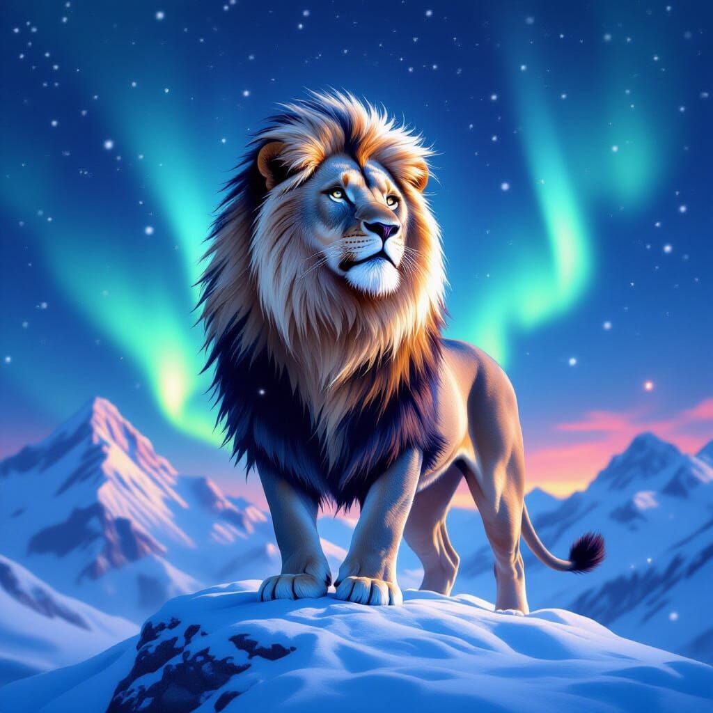 Lion with Starlight Mane and Aurora Borealis