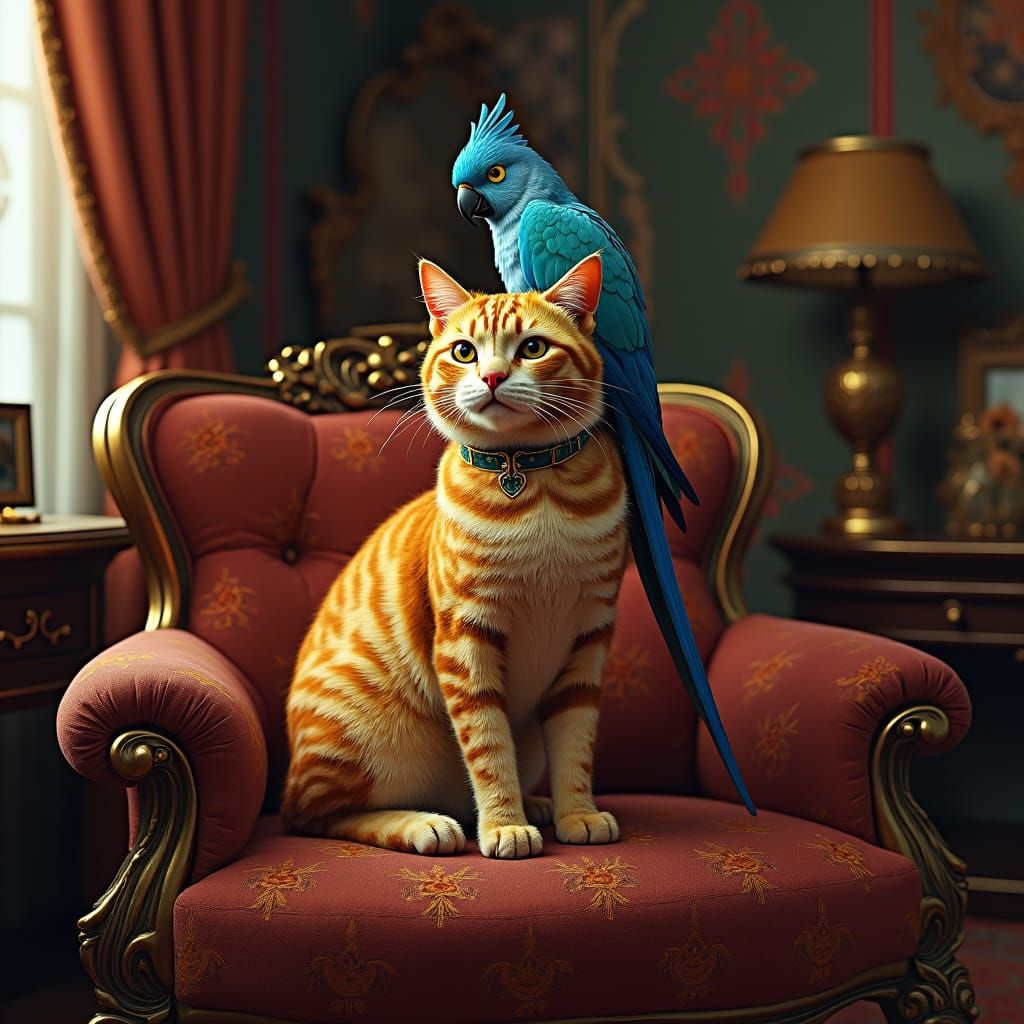 Cat and Parakeet in Opulent Victorian Room